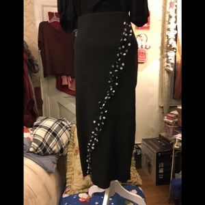 Ashley Stewart Black Ribbed Long Skirt Polka Dot Crossbody Ruffle Sz 14/16 💋EC